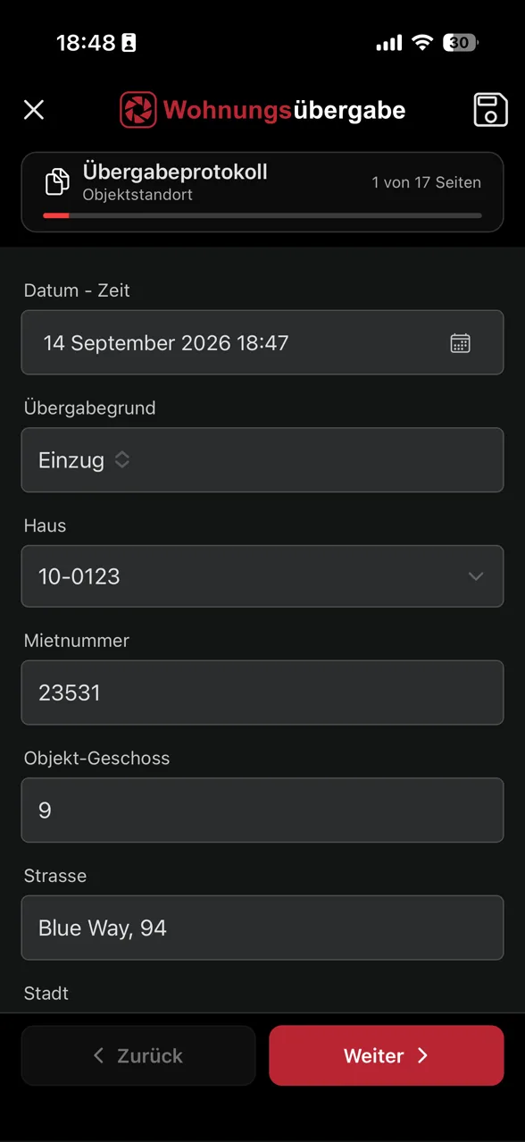 App-Screenshot: Objektstandort, Übergabegrund, Haus und Mietnummer erfassen